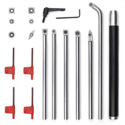 YUFUTOL Wood Turning tool set Carbide Tipped Lathe Tools Finisher/Rougher/Detailer/Hollower（6pcs Bar+1pc Interchangeable Handle） With Carbide Inserts and Screws and Wrench