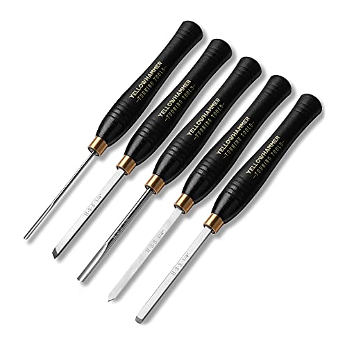 Yellowhammer Turning Tools 5 Piece Mini Lathe Chisel Set, Excellent for Pen Turning and other Detail Work on Your Lathe, Features High Speed Steel Blades, Brass Ferrules and Beech Handles
