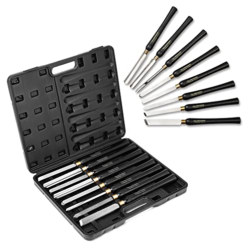 Yellowhammer Turning Tools Essentials 8 Piece Lathe Chisel Set For The Beginner to Intermediate Wood Turner with Beech Handles, High Speed Steel Blades, Brass Ferrules, and Attractive Case